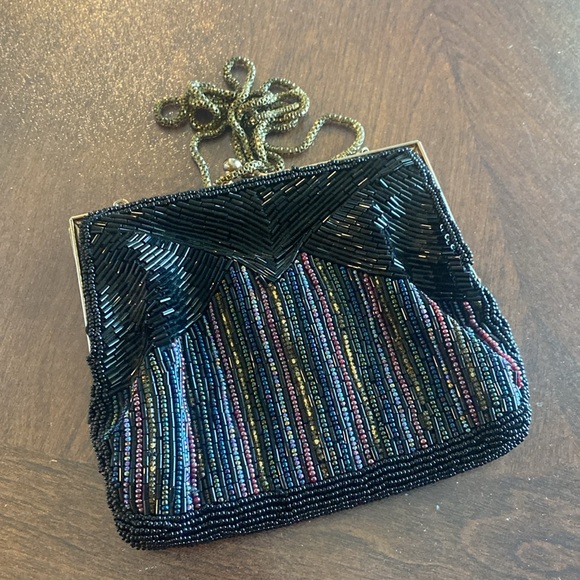 Vintage Black and multi Beaded Purse antique Gold tone Chain Shoulder Strap - Picture 3 of 16